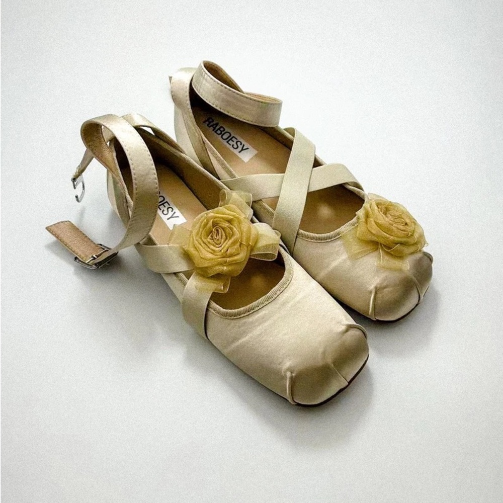 Raboesy Women's Golden Cream Ballet Flats with Rose Accents